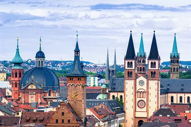 View on the skyline of Würzburg with it several church and the medieval town hall towers.