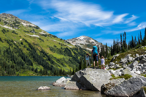 Children living an active lifestyle and exploring nature. Marriott Basin area, British Columbia.
