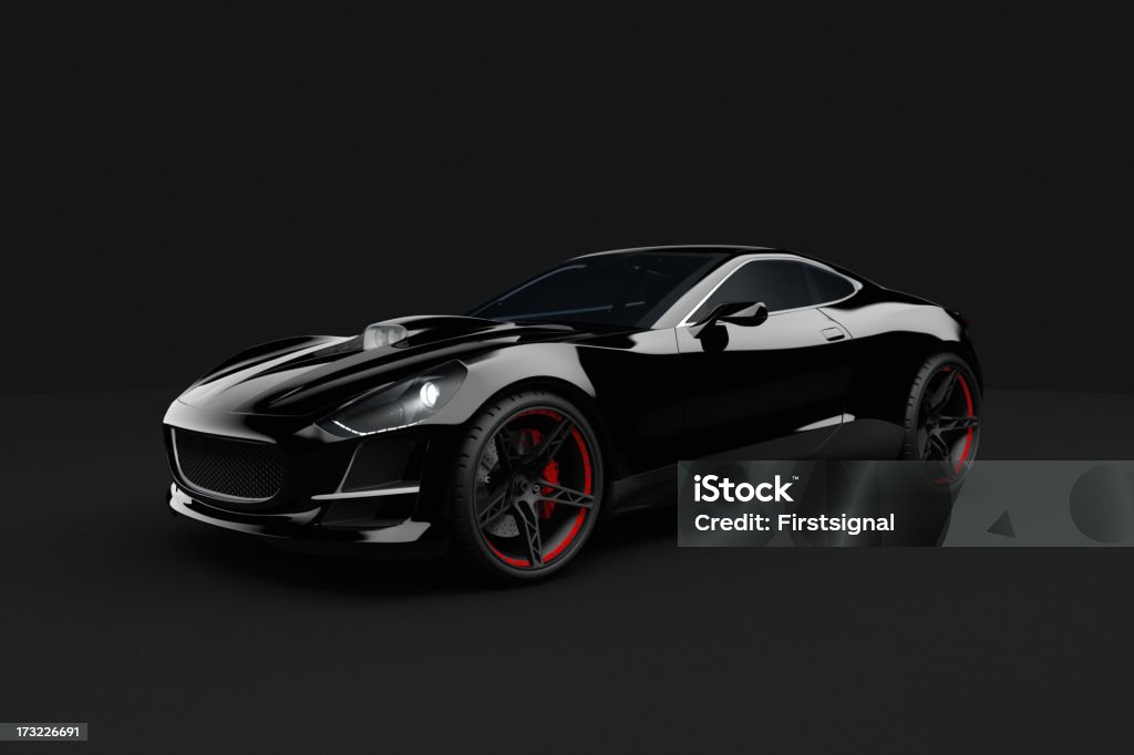 Black sport car on dark background 3D Rendering image showing a concept design made by my own. This is one image out of a series with different angles. This is the perfect stuff for people how need race cars, supersport cars without any manufacture brand. Backgrounds Stock Photo
