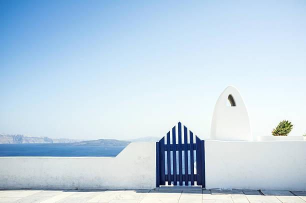 view of ocean from balcony, greece, santorini island, oia - santorini door sea gate bildbanksfoton och bilder