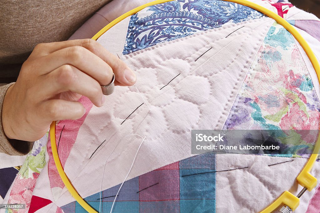 Woman's Hand Stitching A Patchwork Quilt Quilt Stock Photo