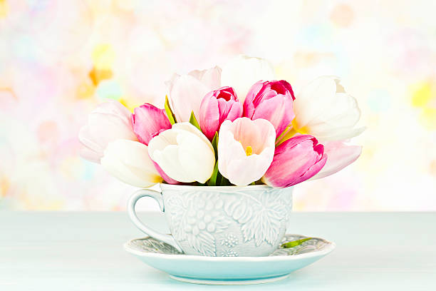 Beautiful bunch of mixed tulips in chinch teacup 