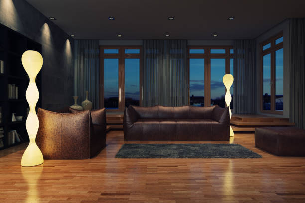 Luxury modern room with reflections of a mirror made table.Red couch is  in the background.