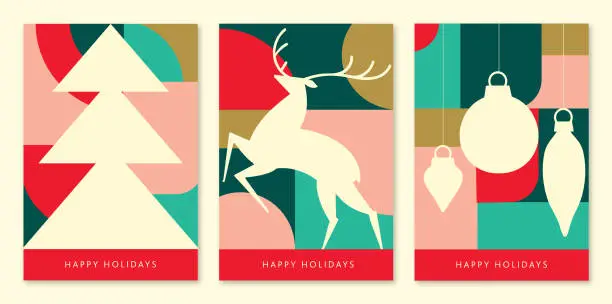 Vector illustration of Happy Holidays Greeting abstract geometric colorful mosaic greeting card flat design template with tree, deer and ornaments