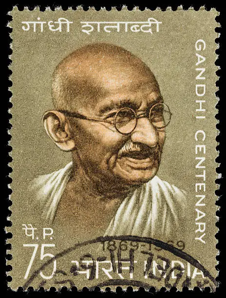 1969 India postage stamp with an illustration of Mahatma Gandhi, issued to commemorate the 100th anniversary of his birth.