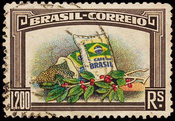 brazil coffee beans and plant postage stamp - brezilya illüstrasyonlar stok fotoğraflar ve resimler