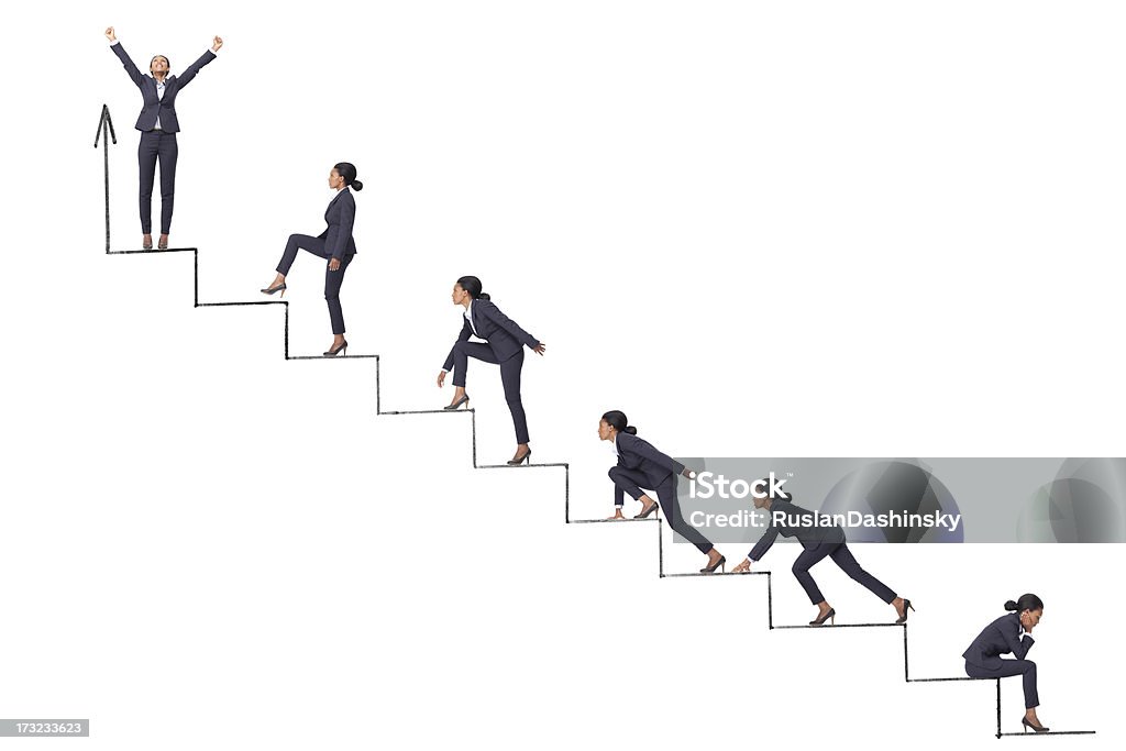 Achievement and success Business woman running and climbing the steps of raising finance graph. Moving Up Stock Photo
