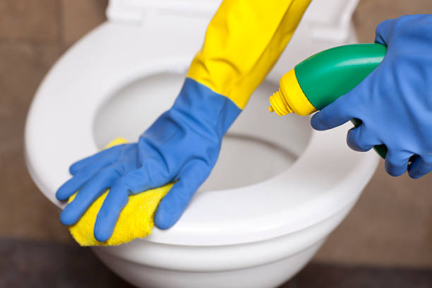 Housewives use a brush to clean the bathroom to remove dirt and take care of sanitary ware.