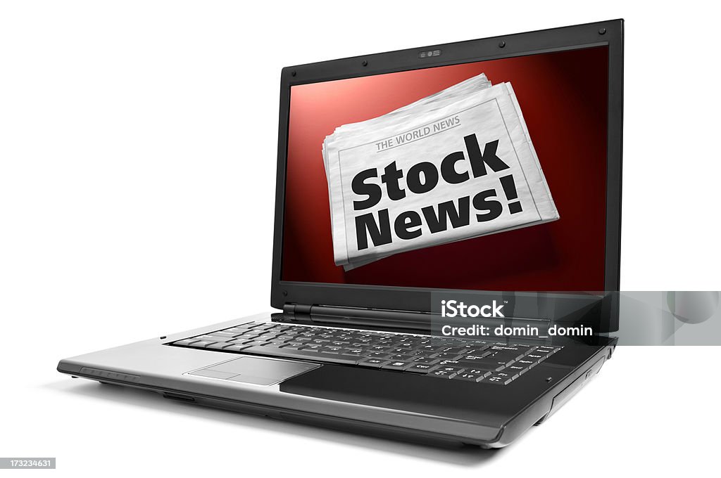 Stock Market Online News! Clipping path included for laptop screen. Announcement Message Stock Photo