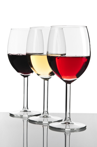 Three wine glasses, white, red and rose isolated on white.
