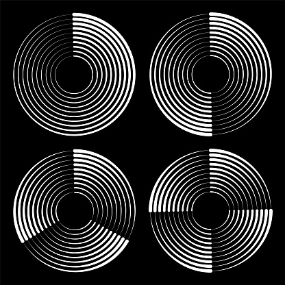 Set of abstract circles for design. Radial rotating lines. Symbol of ripple effect. Vector design elements. White circles on a black background.