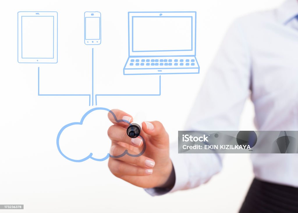 Donna d'affari disegno il Cloud Computing grafico - Foto stock royalty-free di Adulto