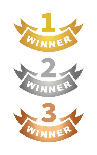Vector illustration of Gold First Place, Silver Second Place and Bronze Third Place Award Winner Ribbon Badges with numbers 1, 2 and 3 - cut out vector icons
