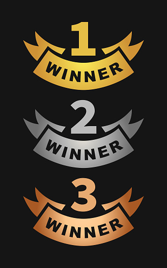 Stylized award winner badges with numbers 1, 2 and 3 on a ribbon with the inscription WINNER - cut out vector icons in gold, silver and bronze color on a black background.