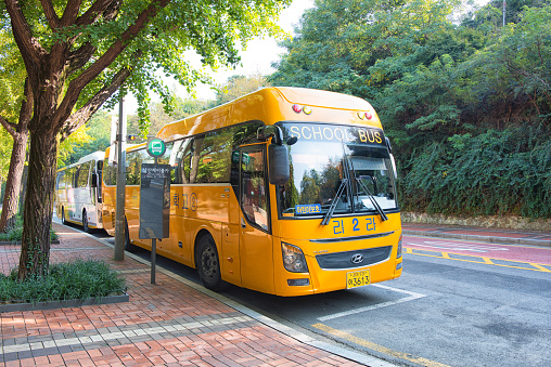 Seoul, Korea - October 12th 2023, Its the Lila Elementary School Bus parking at Namsan Seoul Korea. 서울 리라초등학교 스쿨버스