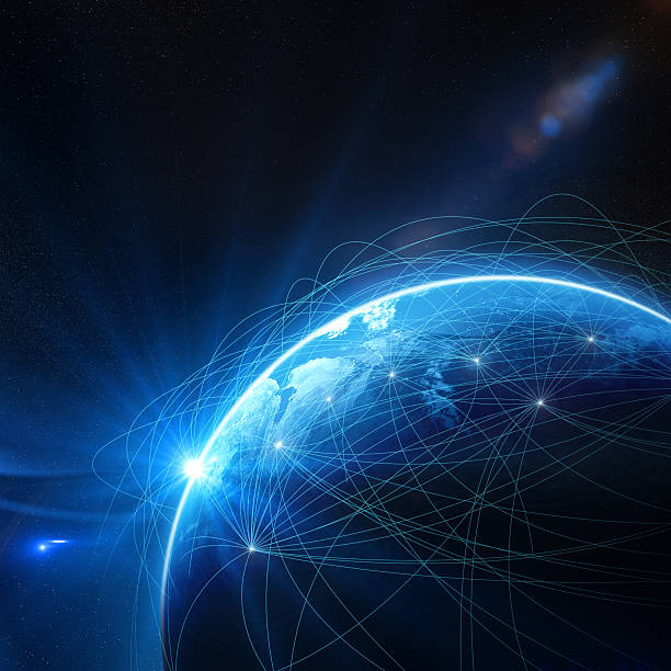 синий глобус в окружении коммуникационных сетей - grand atlas стоковые фото и изображения