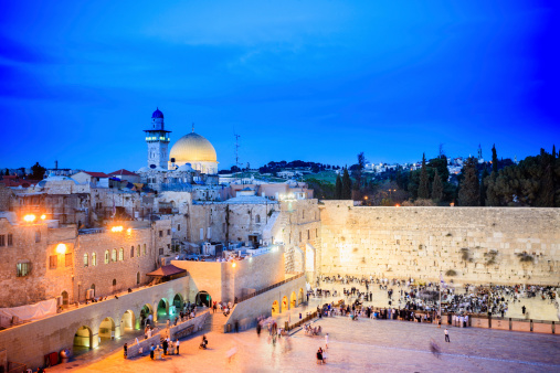 Night in Jerusalem, view from the old Town over the Western Wall and the Dom of the Rock