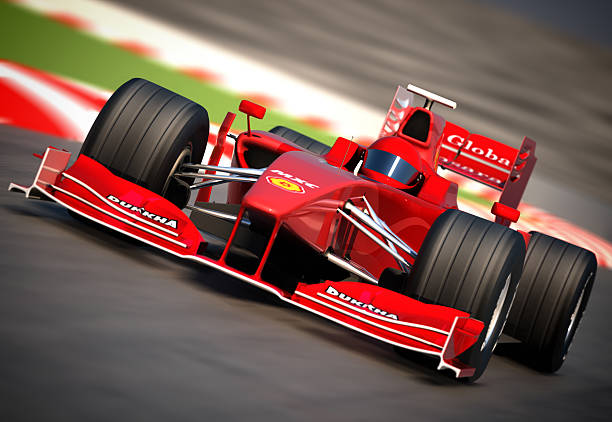 F1 car on racetrack, clipping path included This is a unique design 3d modelled brandless, generic Formula one car. All branding is fictious and made up. This vehicle is not based on any existing model. motorsport photos stock pictures, royalty-free photos & images