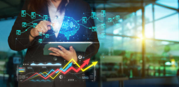 istock BI-Business intelligence of A.I.. Process data driven insight to make wise decisions. Artificial intelligence using AI smart robot technology inputting commands for big data analysis future changes 1732412476