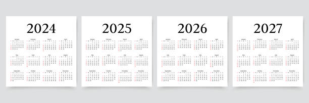 2024, 2025, 2026, 2027 calendars. Set of calender templates. Vector illustration. Calendar for 2024, 2025, 2026, 2027 years. Yearly calender organizer. Week starts Sunday. Grid template with 12 months. Calendar layout in simple design. Planner in English. Vector illustration. may 24 calendar stock illustrations