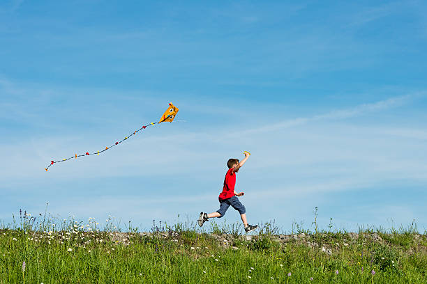 happy boy flying his kite - flying kite bildbanksfoton och bilder