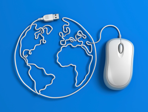 Computer mouse cable shaped as the earth. 3d render with plain blue background.