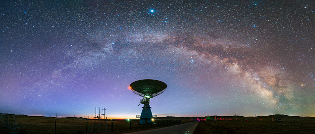 Radio telescopes and the Milky Way at night