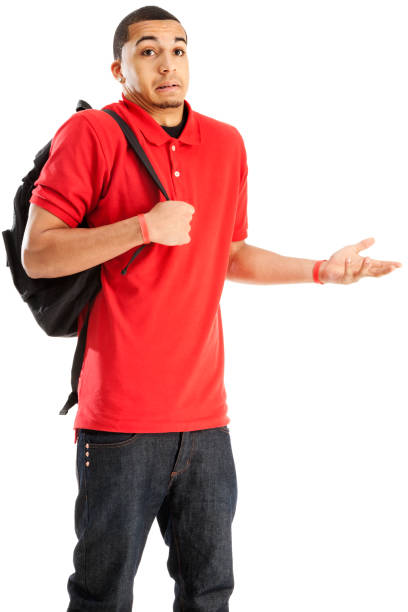 estudiante confundido con bolsa de libro - polo shirt african ethnicity men african descent fotografías e imágenes de stock