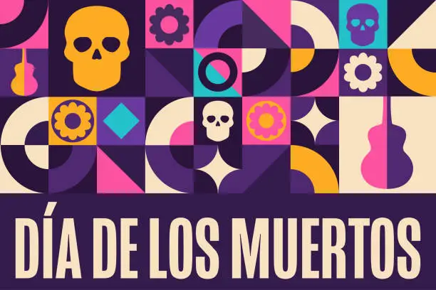 Vector illustration of Inscription Day of the Dead in Spanish. Dia de los Muertos holiday concept. Template for background, banner, card, poster with text inscription. Vector EPS10 illustration.