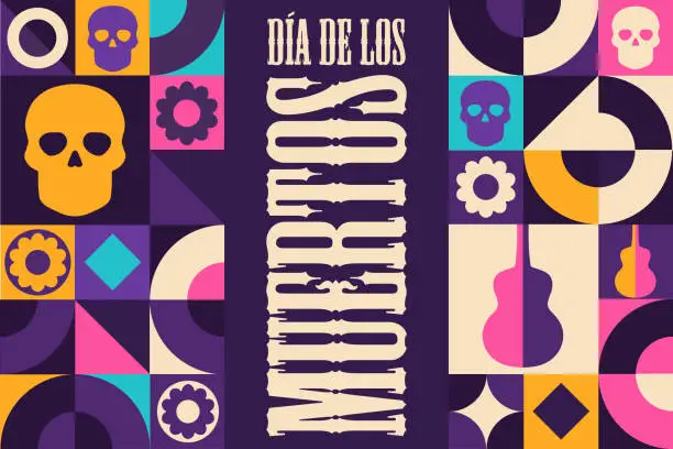 Vector illustration of Inscription Day of the Dead in Spanish. Dia de los Muertos holiday concept. Template for background, banner, card, poster with text inscription. Vector EPS10 illustration.