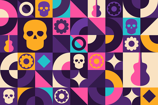 Dia de los Muertos. Day of the Dead, seamless geometric pattern. Template for background, banner, card, poster. Vector EPS10 illustration