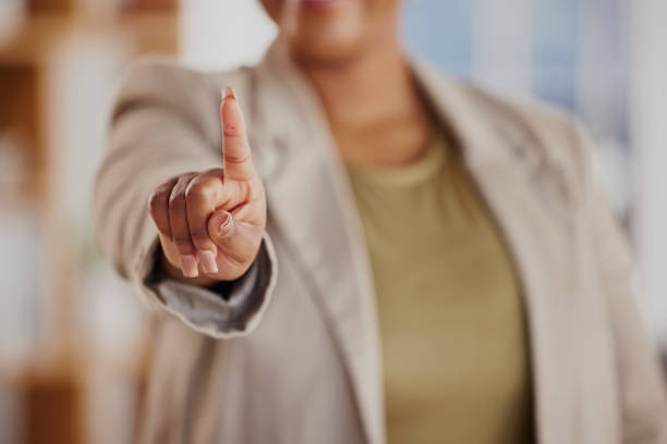 istock Digital interface, finger and business woman with hand gesture for hud, ui and biometrics tech. Corporate, professional and person touch for communication, internet and networking choice in office. 1732521945