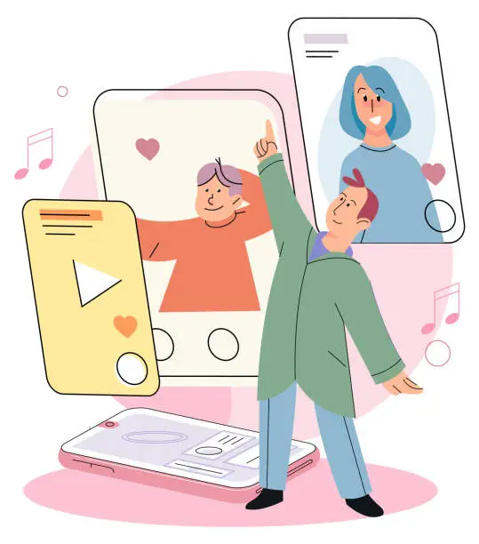 Vector illustration of Kids who using gadget. Children and parents listen to music on phone. Child and modern technology