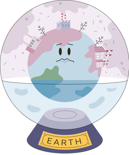 ilustraciones, imágenes clip art, dibujos animados e iconos de stock de calentamiento global, aumento del nivel del océano mundial debido al derretimiento de los glaciares. globo flotante en esfera de vidrio - natural disaster glacier iceberg melting