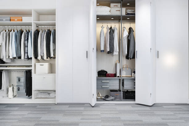 istock 3d rendering minimal scandinavian wood walk in closet with wardrobe 1732522684