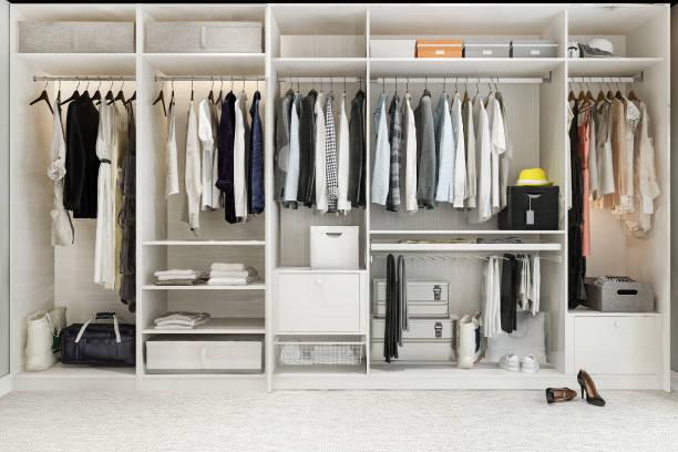 3d rendering minimal scandinavian wood walk in closet with wardrobe