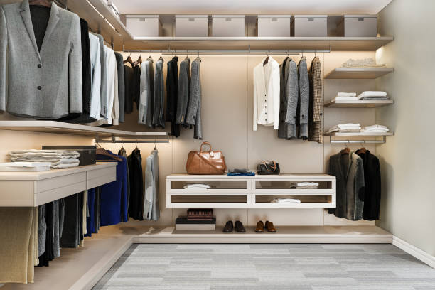 istock 3d rendering minimal scandinavian wood walk in closet with wardrobe 1732522687