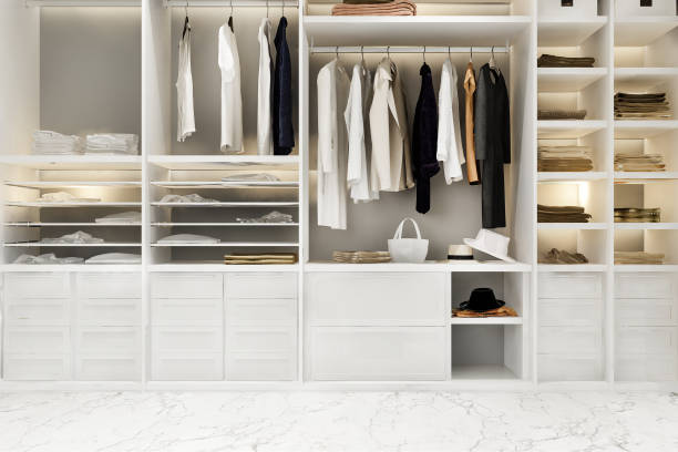 istock 3d rendering minimal scandinavian wood walk in closet with wardrobe 1732522688