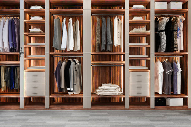 istock 3d rendering minimal scandinavian wood walk in closet with wardrobe 1732522689