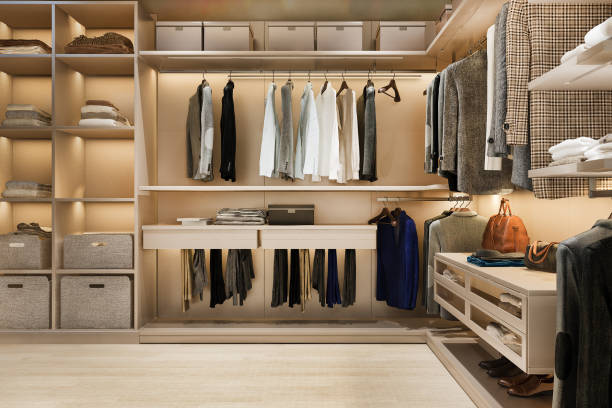 istock 3d rendering minimal scandinavian wood walk in closet with wardrobe 1732522693