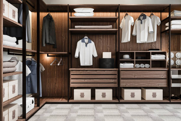 istock 3d rendering minimal scandinavian wood walk in closet with wardrobe 1732522696