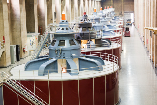 Turbines of hydroelectricity power station generators inside the Hoover Dam fuel and power generation plant, Arizona, Nevada, USA.