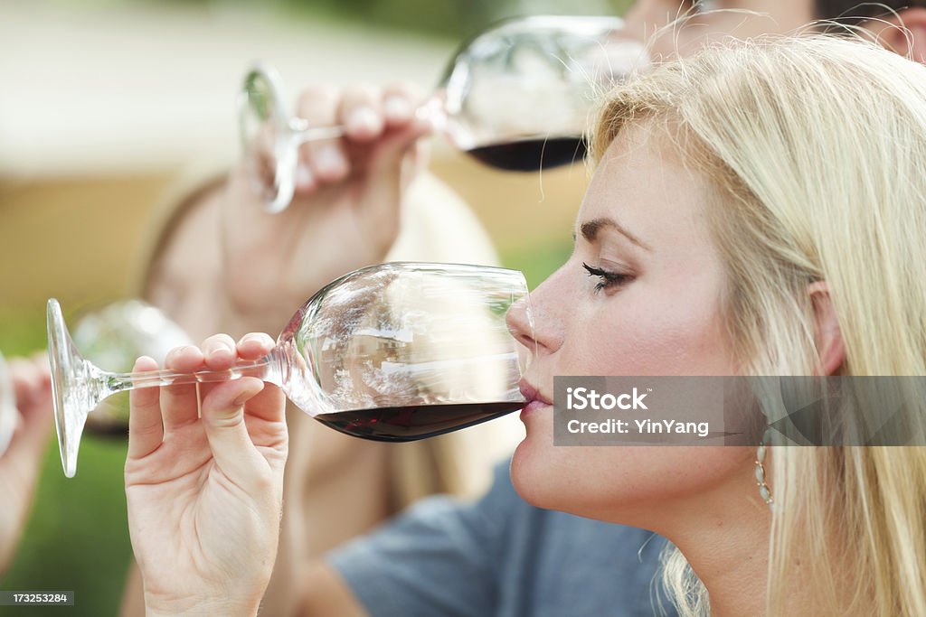 포도주 시음 여성 및 남성 술마시기, 마시기, 레드 와인 시음 와이너리 - 로열티 프리 20-29세 스톡 사진
