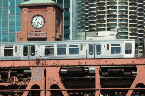 Subject: Downtown Chicago, the el train crossing above the street.