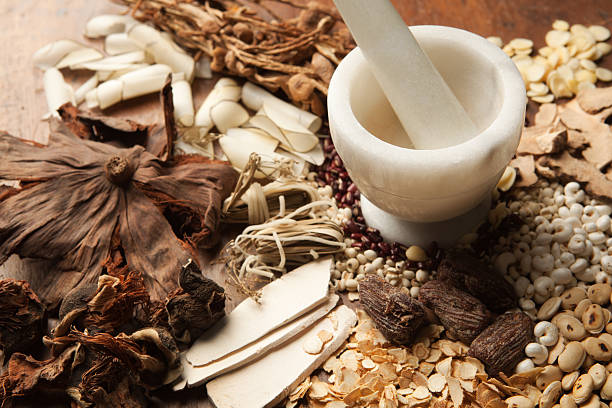 Chinese Herbal Medicine with Mortor and Pestle on Wood Hz Subject: A variety of Chinese herbal medicine ingredients and a mortar and pestle. chinese herbal medicine stock pictures, royalty-free photos & images
