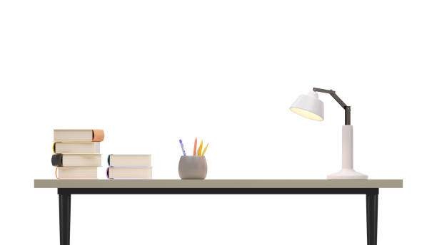 istock 3D rendering of book stack, pen and pencil holder, Lamp on desk 1732548180