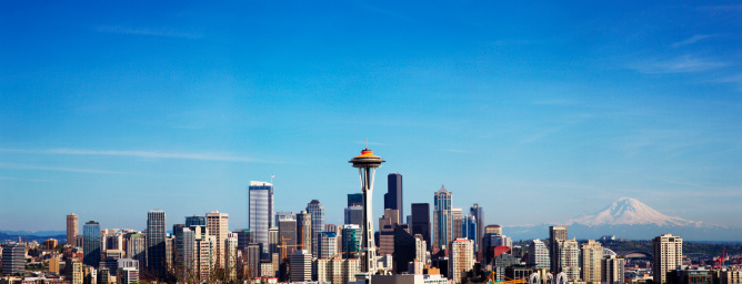 Panoramic of Seattle skyline. Grain added, 5 files merged.