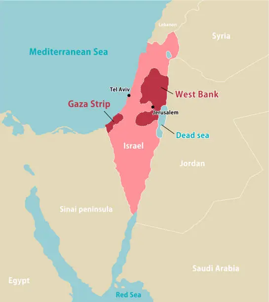 Vector illustration of Palestine war (Israel, Palestine and Gaza Strip) and surrounding countries map illustration