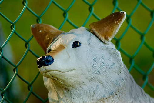A plastic dog decoy used to deter geese on a sports field rests against a fence during a soccer game.