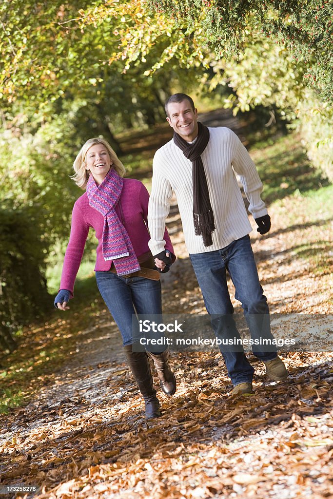 Couple holding hands on walk Couple holding hands on walk through autumn woods 20-29 Years Stock Photo